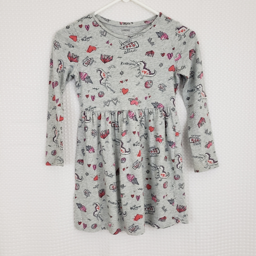 Gymboree Graffiti Dress Valentine's Dinosaur Pizza Gray size Medium Ice Cream